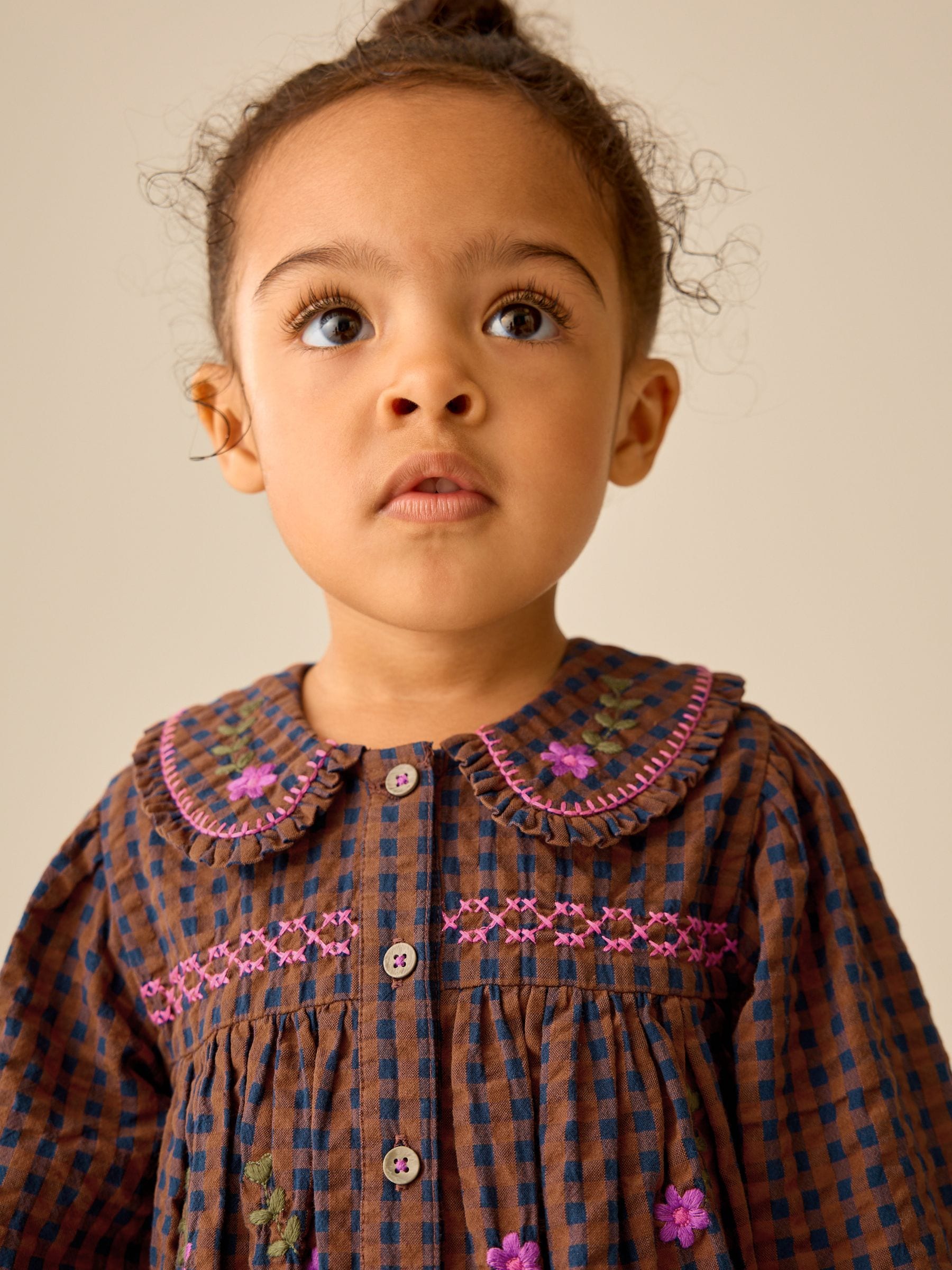Dsiney Kidz - Chocolate Brown Embroidered Check Collar Dress (3mths-8yrs) image 4