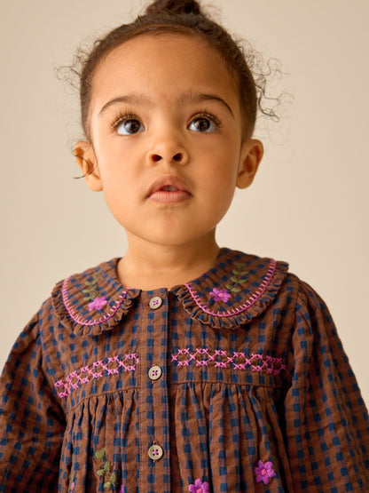 Dsiney Kidz - Chocolate Brown Embroidered Check Collar Dress (3mths-8yrs) image 4
