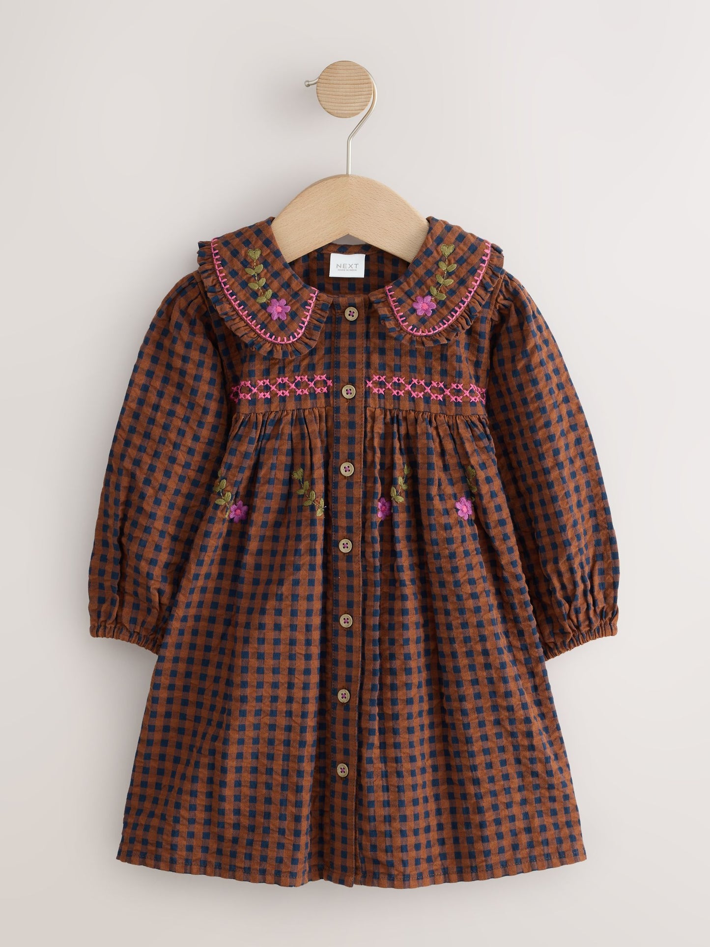 Dsiney Kidz - Chocolate Brown Embroidered Check Collar Dress (3mths-8yrs) image 5