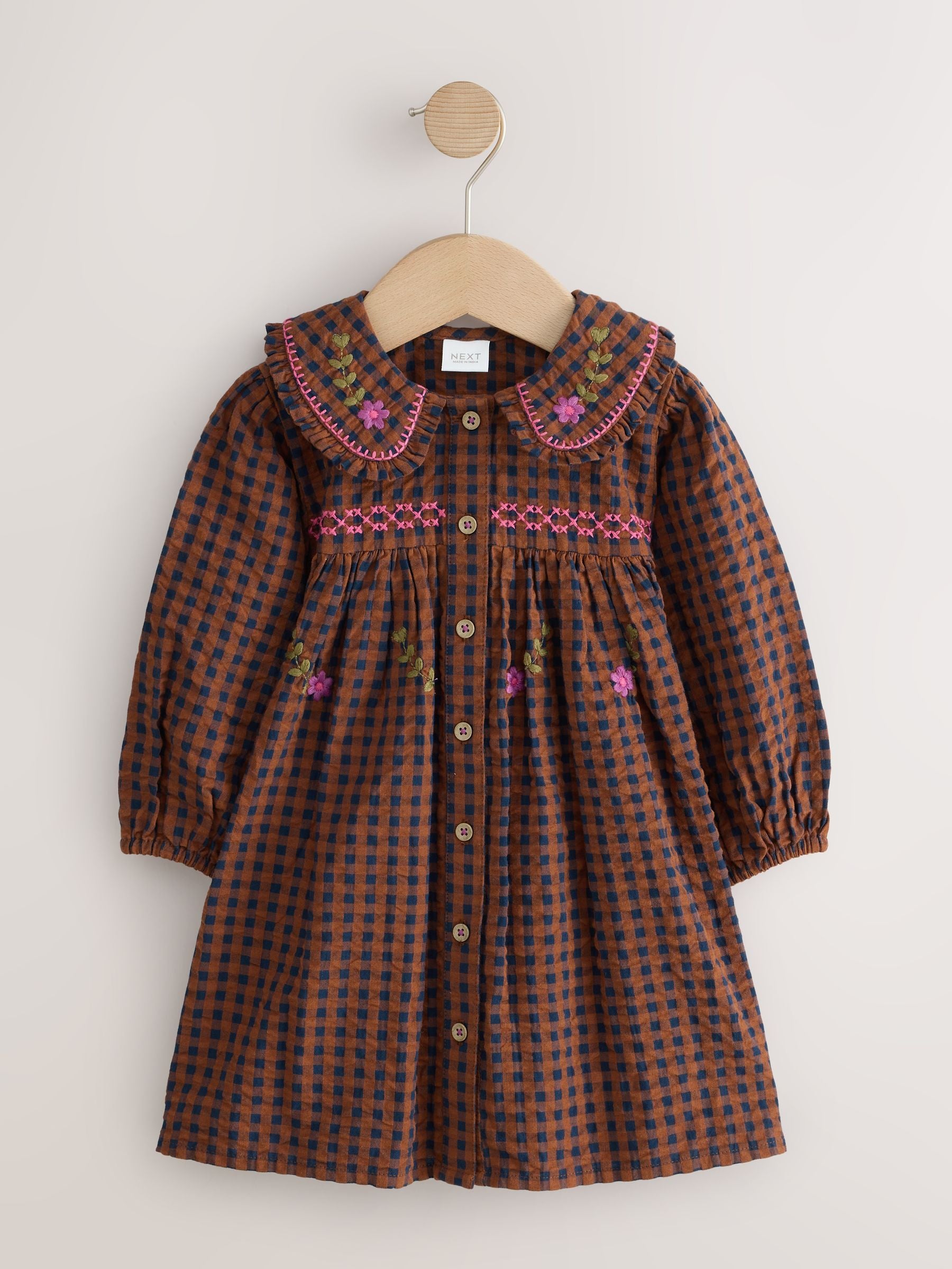 Dsiney Kidz - Chocolate Brown Embroidered Check Collar Dress (3mths-8yrs) image 5