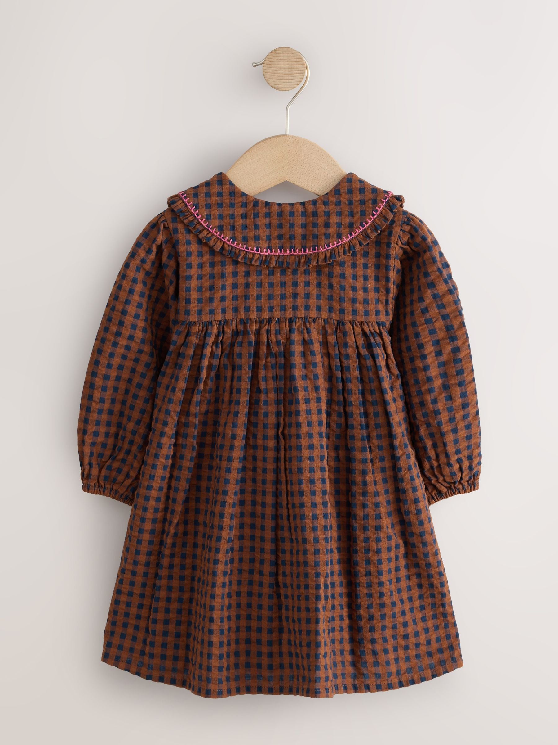 Dsiney Kidz - Chocolate Brown Embroidered Check Collar Dress (3mths-8yrs) image 6