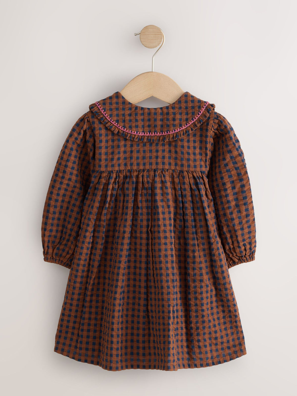 Dsiney Kidz - Chocolate Brown Embroidered Check Collar Dress (3mths-8yrs) image 6