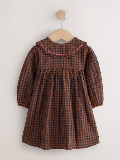 Dsiney Kidz - Chocolate Brown Embroidered Check Collar Dress (3mths-8yrs) image 6