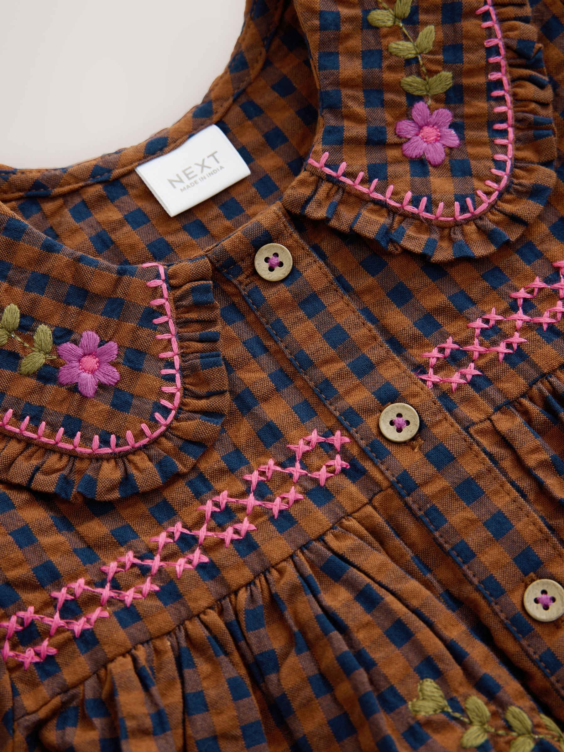 Dsiney Kidz - Chocolate Brown Embroidered Check Collar Dress (3mths-8yrs) image 8