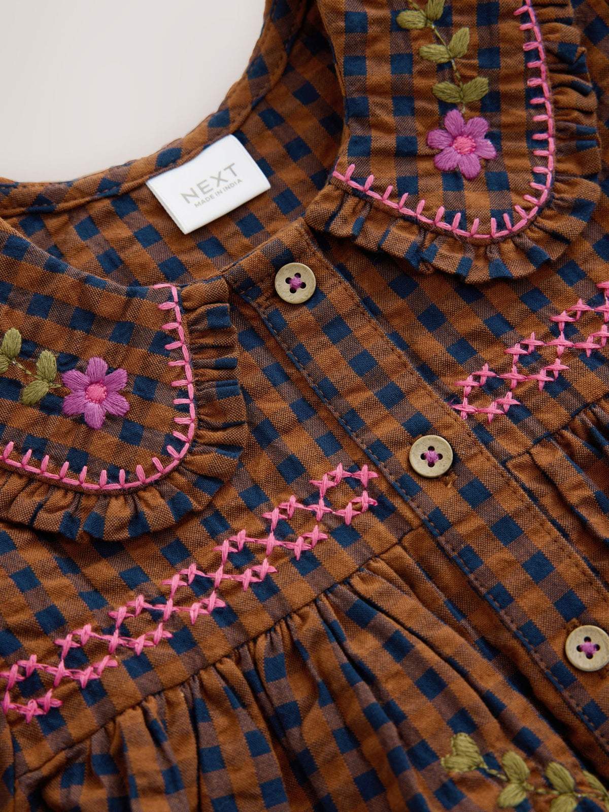 Dsiney Kidz - Chocolate Brown Embroidered Check Collar Dress (3mths-8yrs) image 8