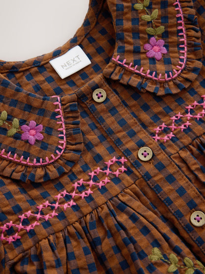 Dsiney Kidz - Chocolate Brown Embroidered Check Collar Dress (3mths-8yrs) image 8
