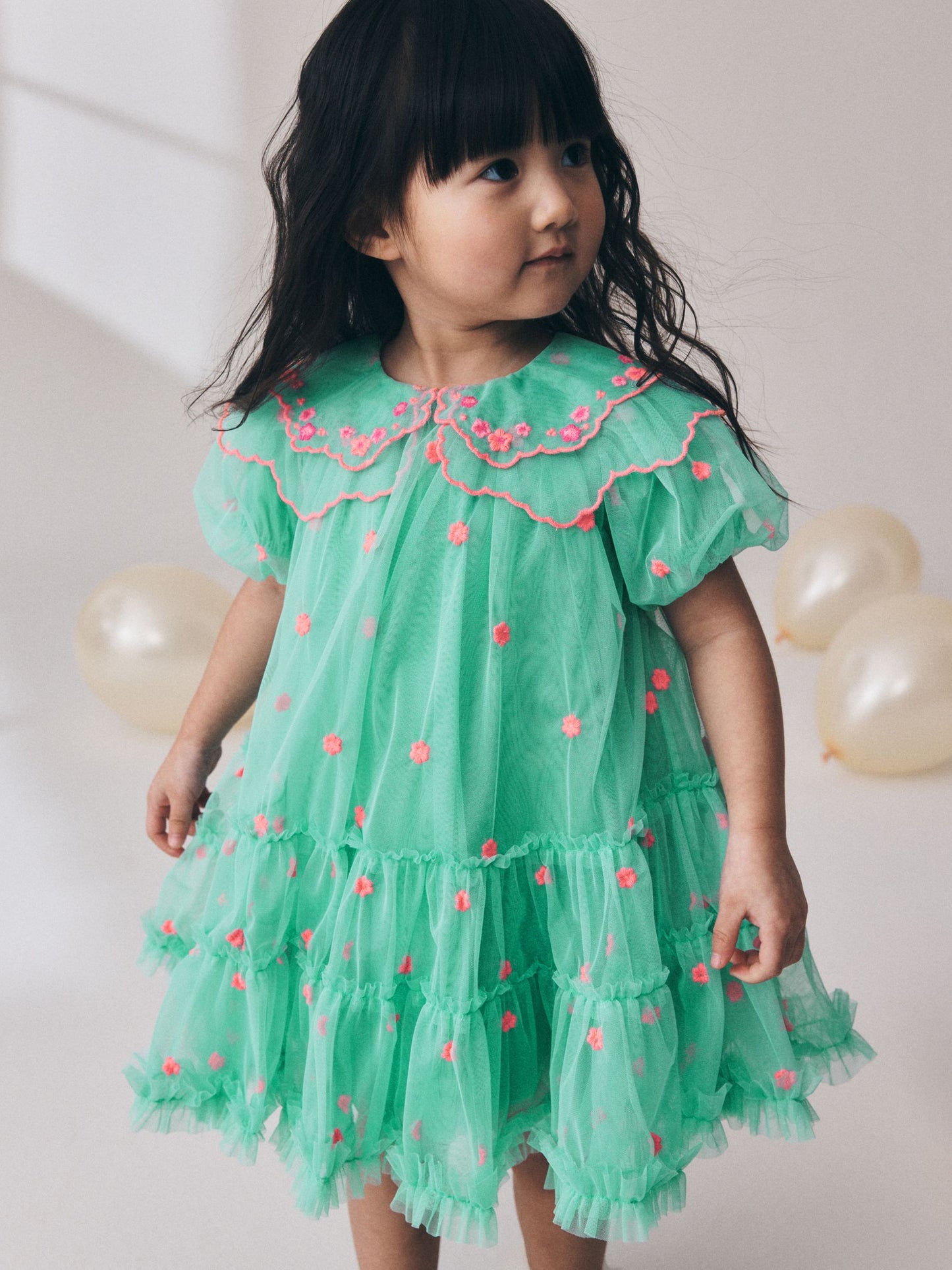 Dsiney Kidz - Teal Blue Mesh Embroidered Occasion Dress (3mths-8yrs) image 1