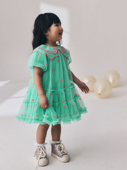 Dsiney Kidz - Teal Blue Mesh Embroidered Occasion Dress (3mths-8yrs) image 4