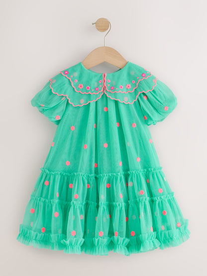 Dsiney Kidz - Teal Blue Mesh Embroidered Occasion Dress (3mths-8yrs) image 5