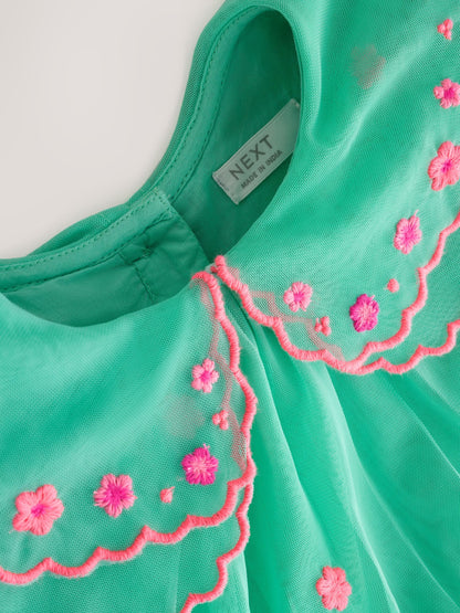 Dsiney Kidz - Teal Blue Mesh Embroidered Occasion Dress (3mths-8yrs) image 7