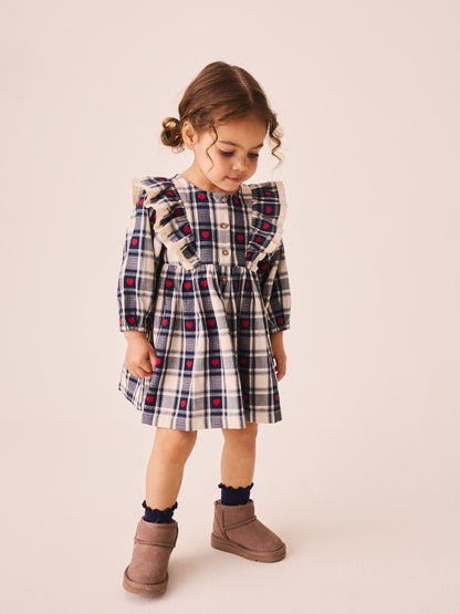 Dsiney Kidz - Navy Blue Heart Check Frill Collar Long Sleeve Dress (3mths-8yrs) image 1