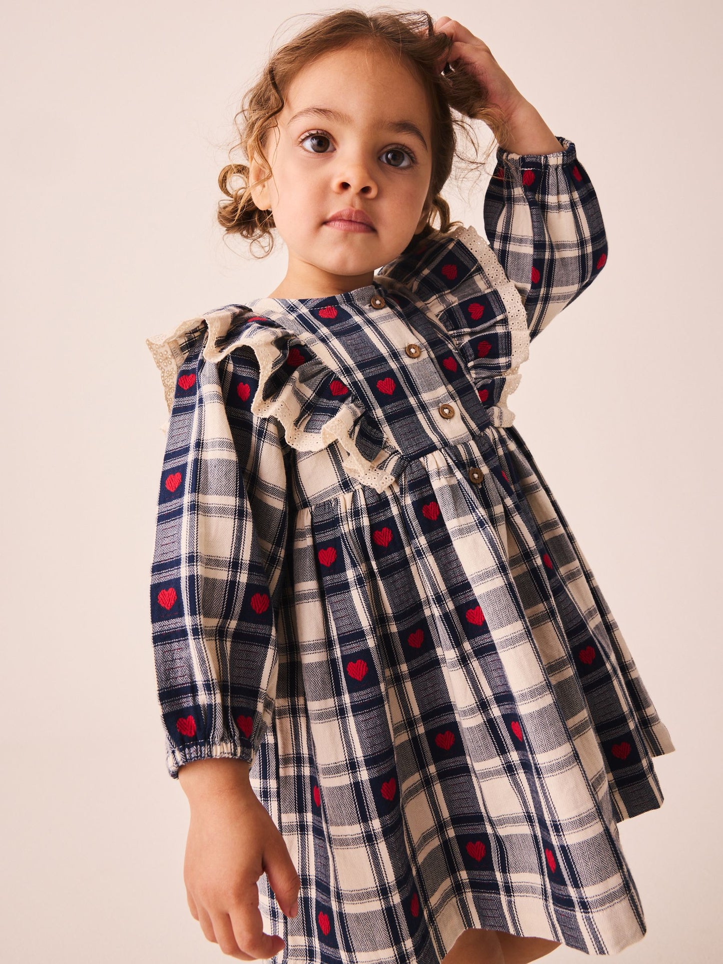 Dsiney Kidz - Navy Blue Heart Check Frill Collar Long Sleeve Dress (3mths-8yrs) image 2
