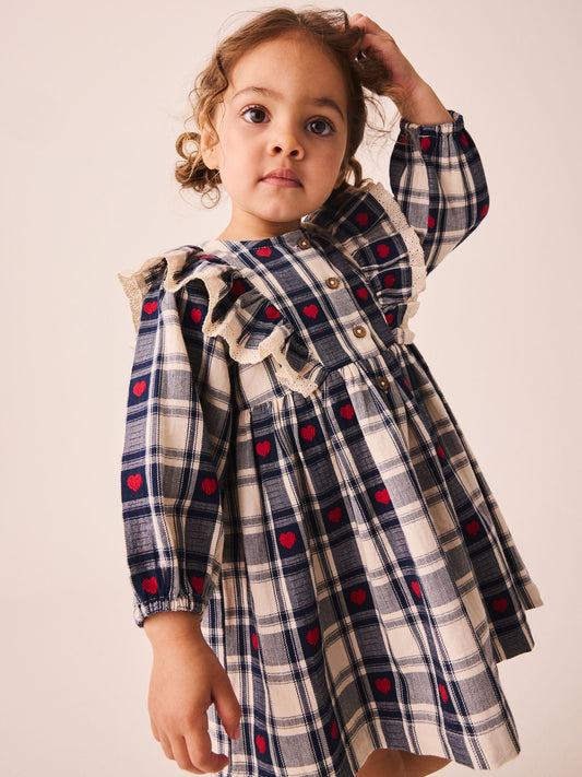 Dsiney Kidz - Navy Blue Heart Check Frill Collar Long Sleeve Dress (3mths-8yrs) image 2