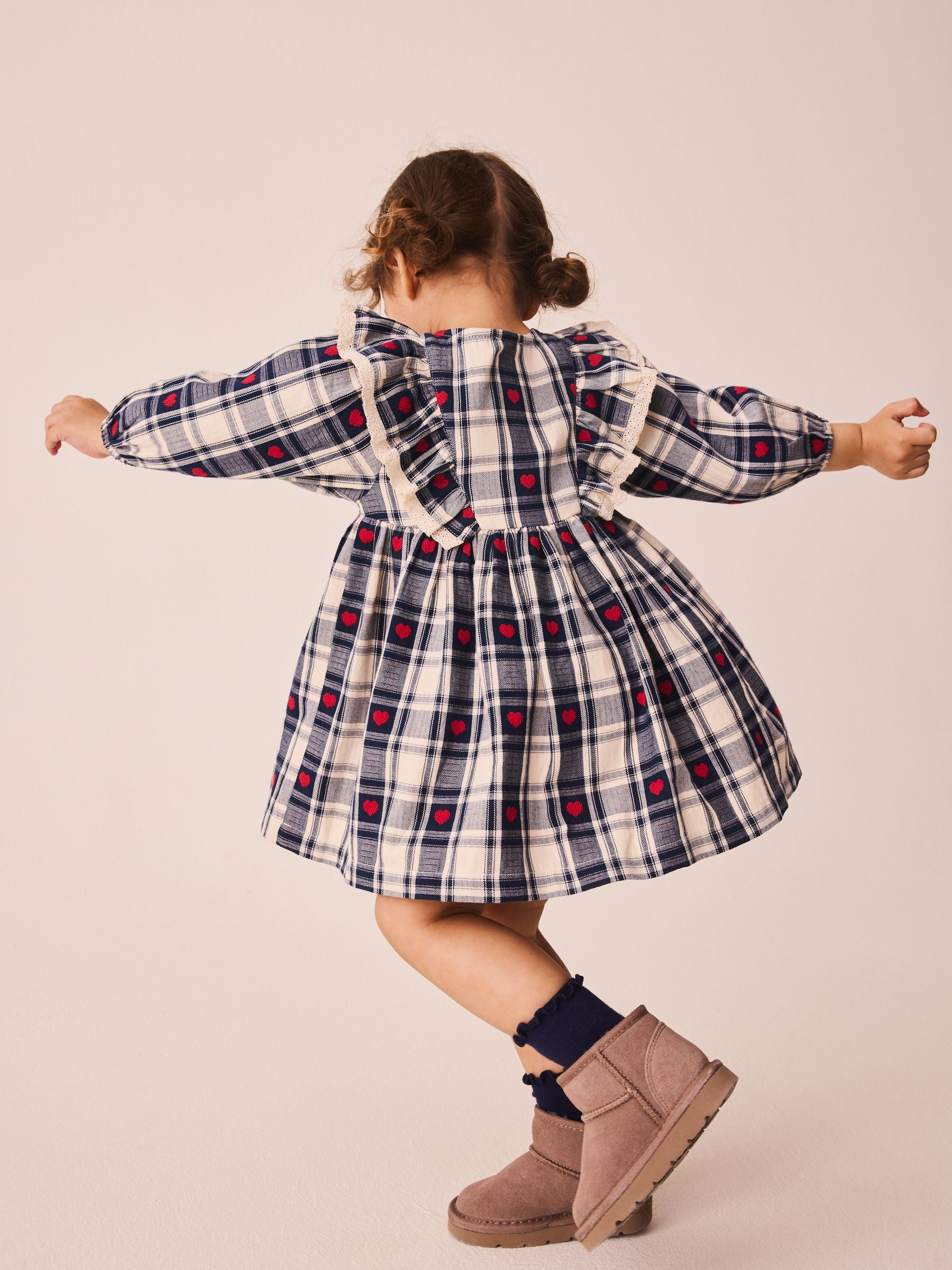 Dsiney Kidz - Navy Blue Heart Check Frill Collar Long Sleeve Dress (3mths-8yrs) image 3