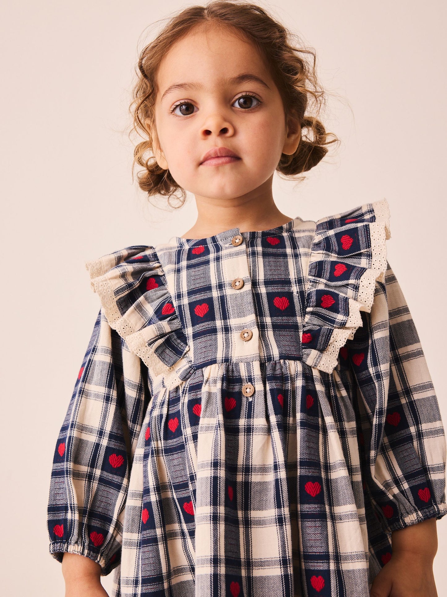 Dsiney Kidz - Navy Blue Heart Check Frill Collar Long Sleeve Dress (3mths-8yrs) image 4