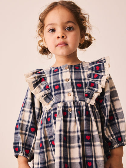 Dsiney Kidz - Navy Blue Heart Check Frill Collar Long Sleeve Dress (3mths-8yrs) image 4