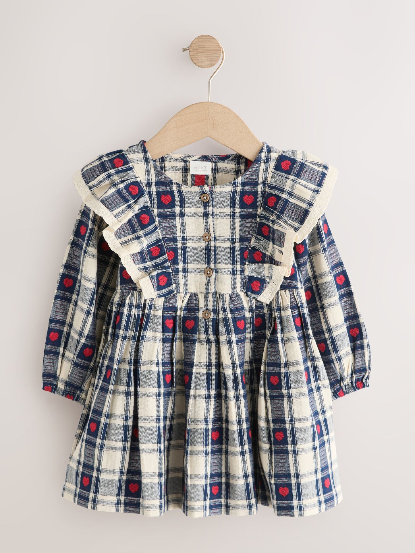 Dsiney Kidz - Navy Blue Heart Check Frill Collar Long Sleeve Dress (3mths-8yrs) image 5