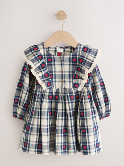 Dsiney Kidz - Navy Blue Heart Check Frill Collar Long Sleeve Dress (3mths-8yrs) image 5