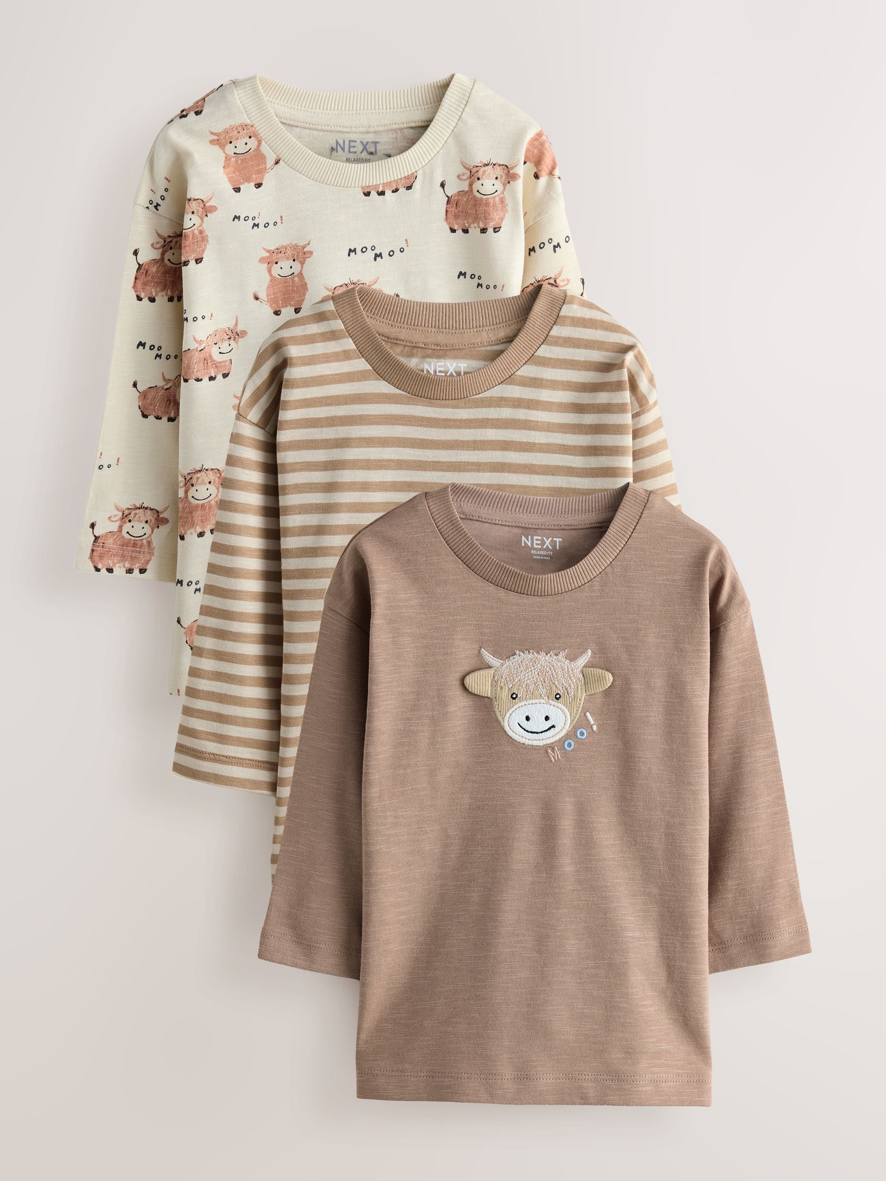 Dsiney Kidz - Neutral Tan Hamish Long Sleeve Animal Print Character T-Shirts 3 Pack (3mths-7yrs) image 1