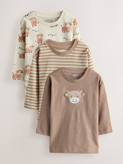 Dsiney Kidz - Neutral Tan Hamish Long Sleeve Animal Print Character T-Shirts 3 Pack (3mths-7yrs) image 1