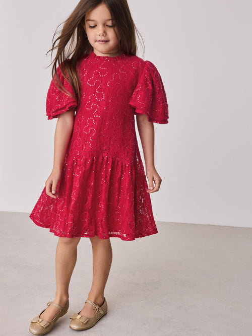 Baker by Ted Baker Red Sequin Lace Angel Sleeve Dress image 1