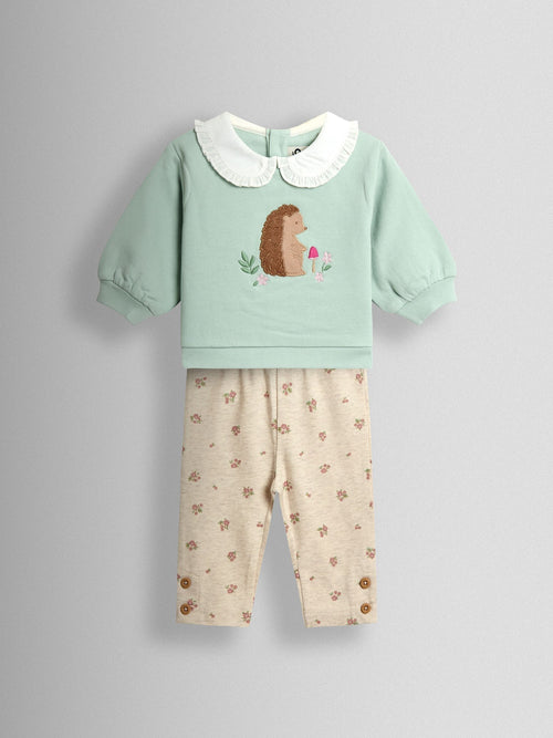 JoJo Maman Bébé Mint Hedgehog Collared Appliqué Sweatshirt & Legging Set image 1