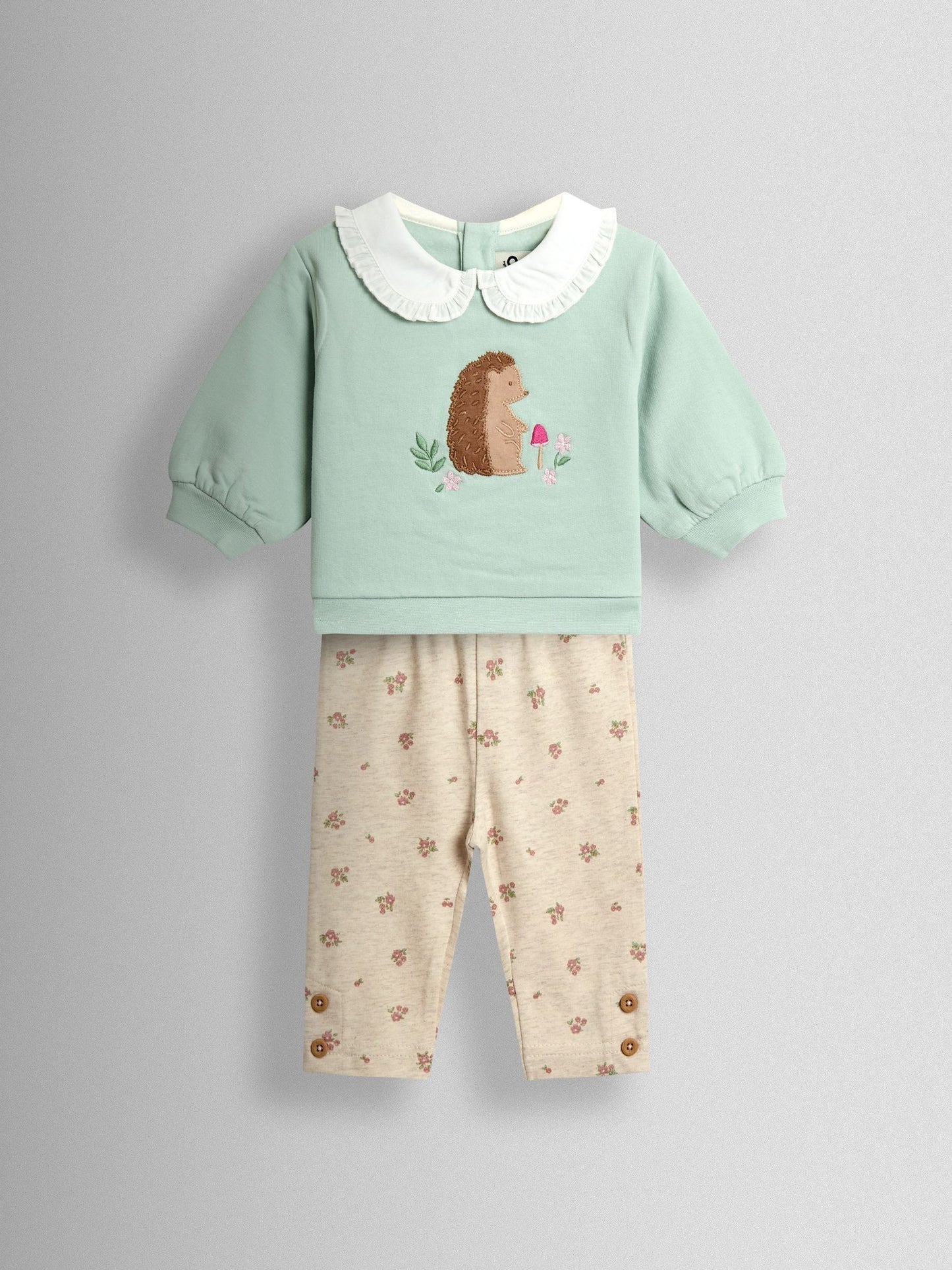JoJo Maman Bébé Mint Hedgehog Collared Appliqué Sweatshirt & Legging Set image 1