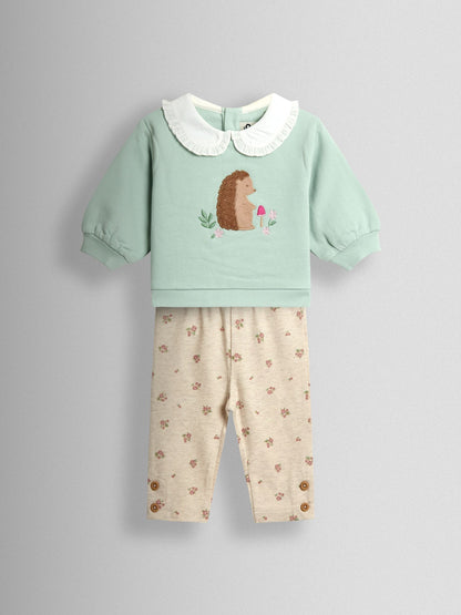 JoJo Maman Bébé Mint Hedgehog Collared Appliqué Sweatshirt & Legging Set image 1
