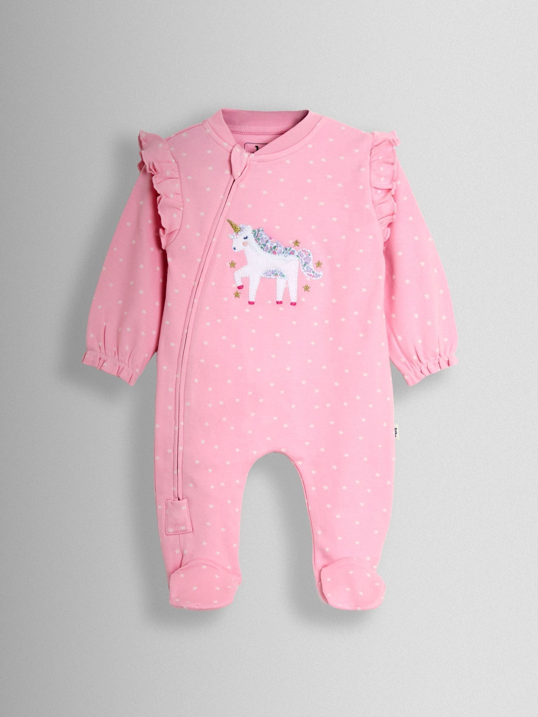 JoJo Maman Bébé Pink Unicorn 100% Cotton Footed Frill Sleepsuit image 1