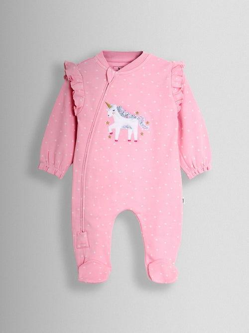 JoJo Maman Bébé Pink Unicorn 100% Cotton Footed Frill Sleepsuit image 1