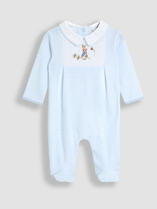 JoJo Maman Bébé Blue Stripe Peter Rabbit Embroidered Smocked Footed Sleepsuit image 1