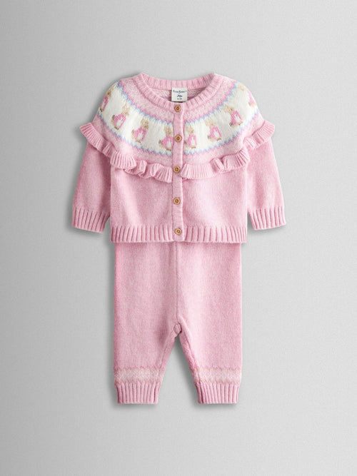 JoJo Maman Bébé Pink Fair isle Knit Cardigan & Bottom Set image 1