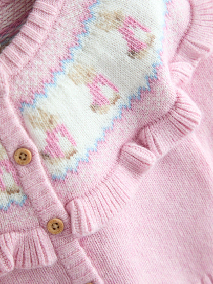 JoJo Maman Bébé Pink Fair isle Knit Cardigan & Bottom Set image 3