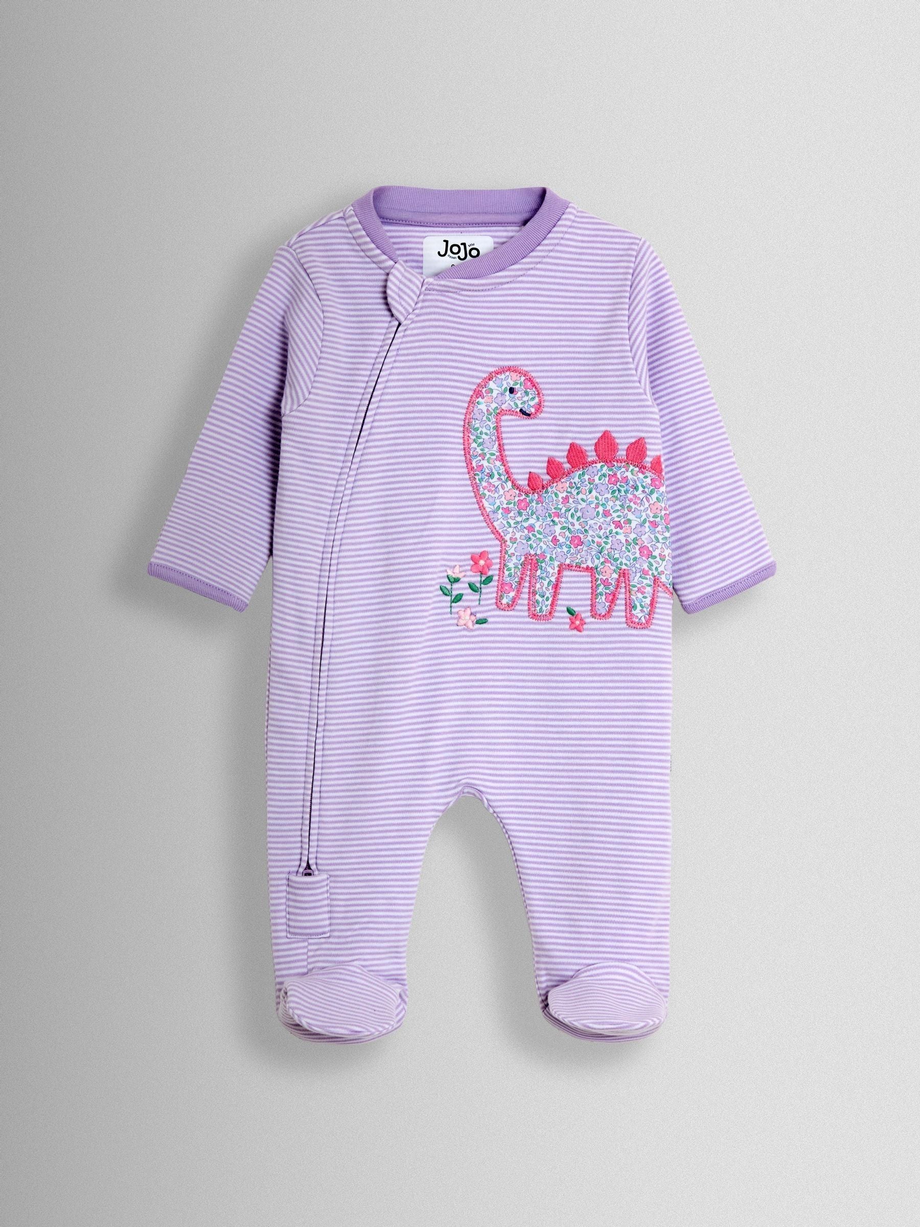 JoJo Maman Bébé Purple Dino 100% Cotton Footed Stripe Appliqué  Sleepsuit image 2