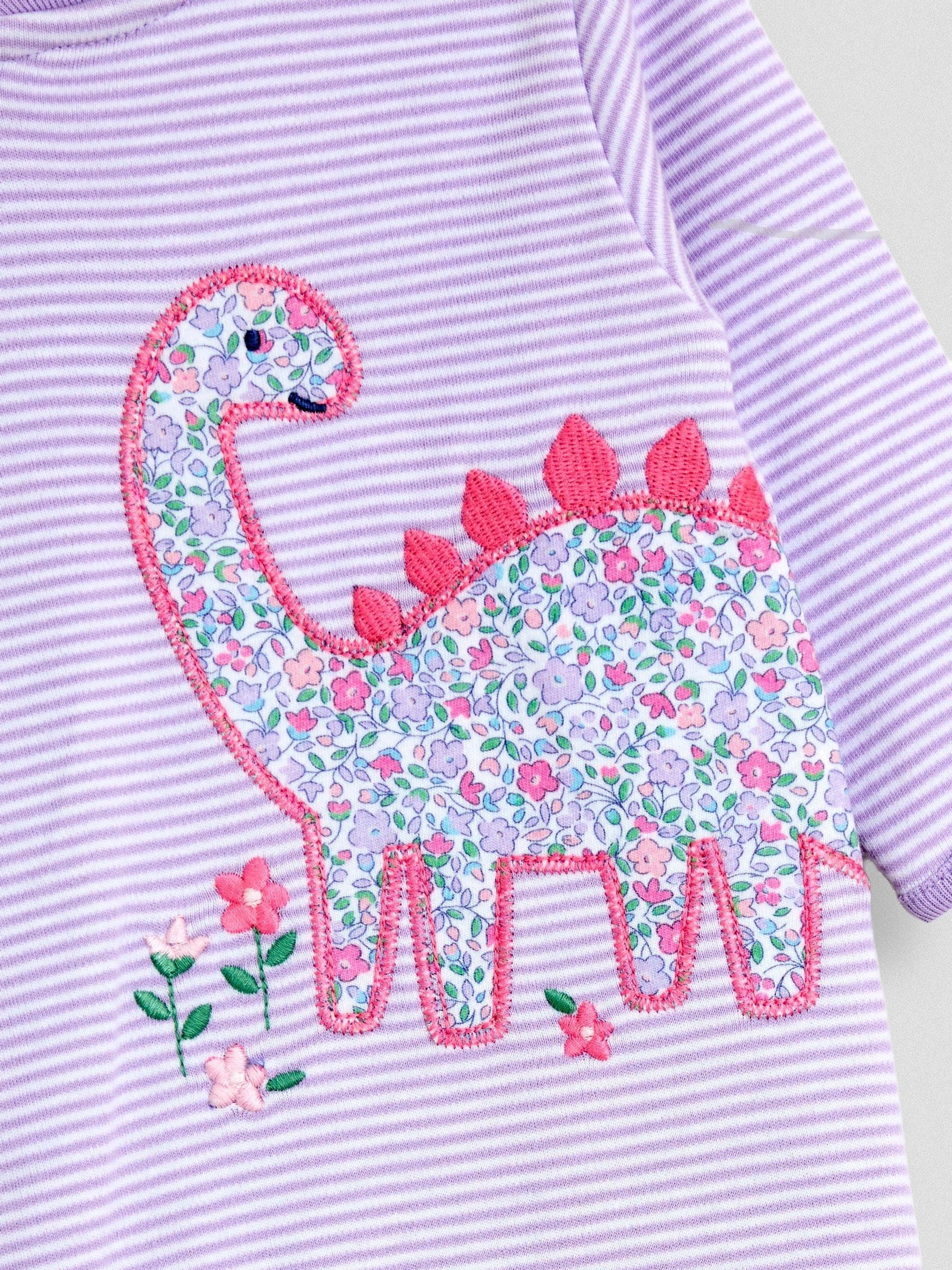 JoJo Maman Bébé Purple Dino 100% Cotton Footed Stripe Appliqué  Sleepsuit image 4