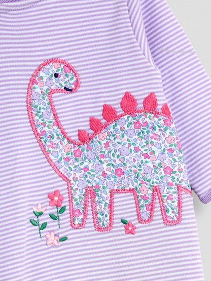 JoJo Maman Bébé Purple Dino 100% Cotton Footed Stripe Appliqué  Sleepsuit image 4