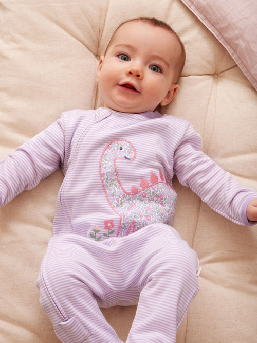 JoJo Maman Bébé Purple Dino 100% Cotton Footed Stripe Appliqué  Sleepsuit image 1