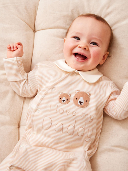 JoJo Maman Bébé Neutral Stripe Organic Cotton I Love My Mummy/Daddy Sleepsuit image 1