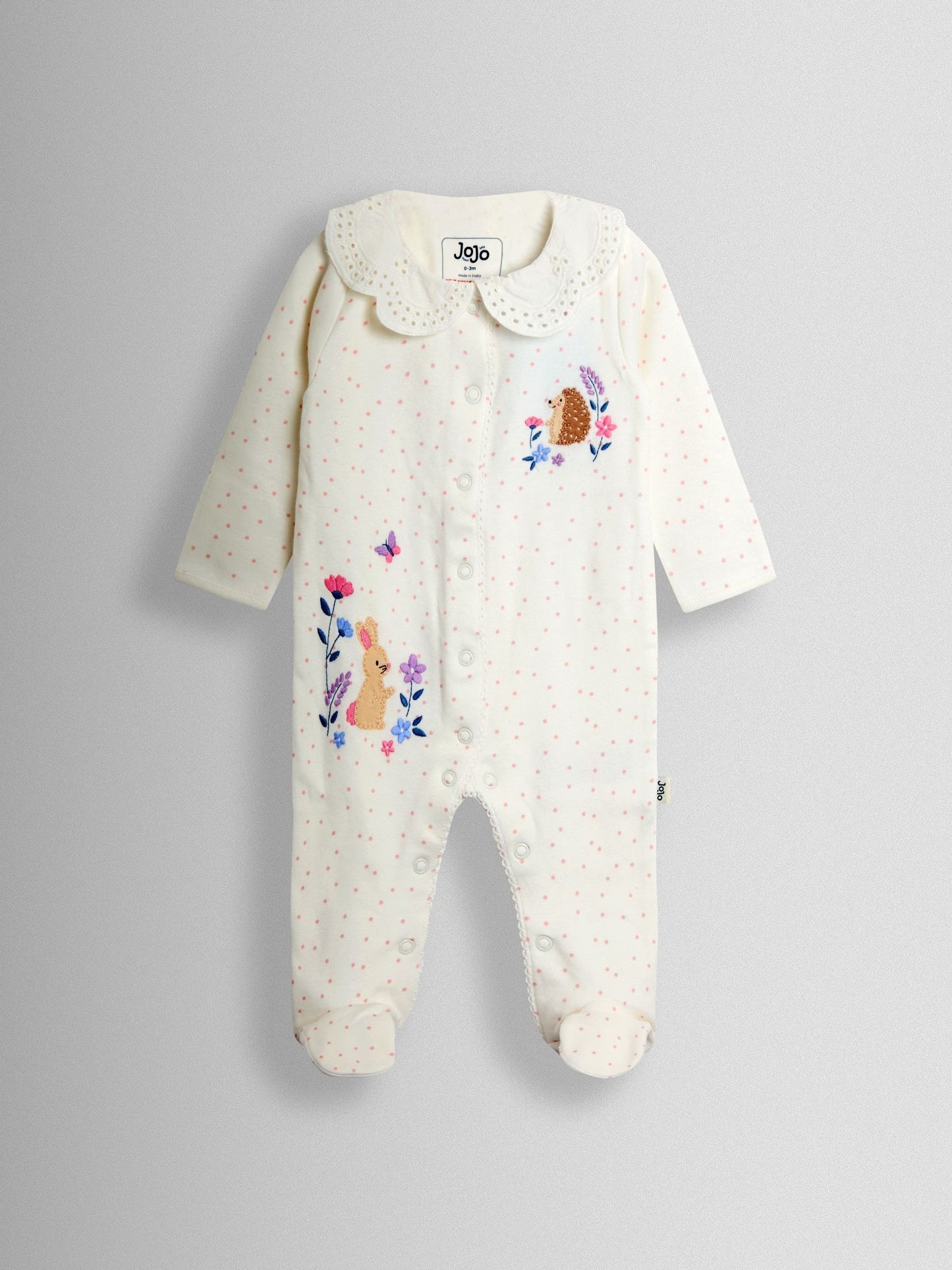 JoJo Maman Bébé Cream Speckled Hedgehog Organic Cotton Embroidered Footed Sleepsuit image 2
