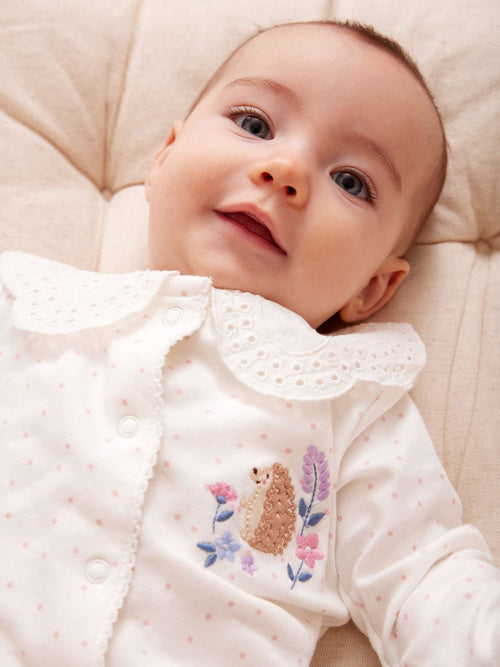 JoJo Maman Bébé Cream Speckled Hedgehog Organic Cotton Embroidered Footed Sleepsuit image 1