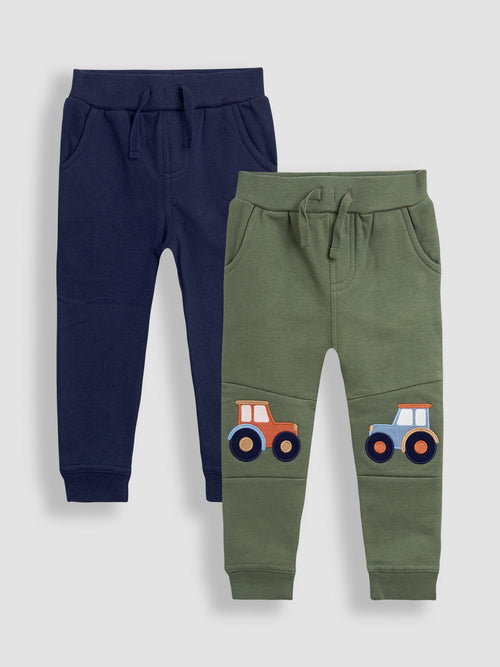 JoJo Maman Bébé Khaki Green Tractor 2-Pack Appliqué Knee & Plain Joggers image 1