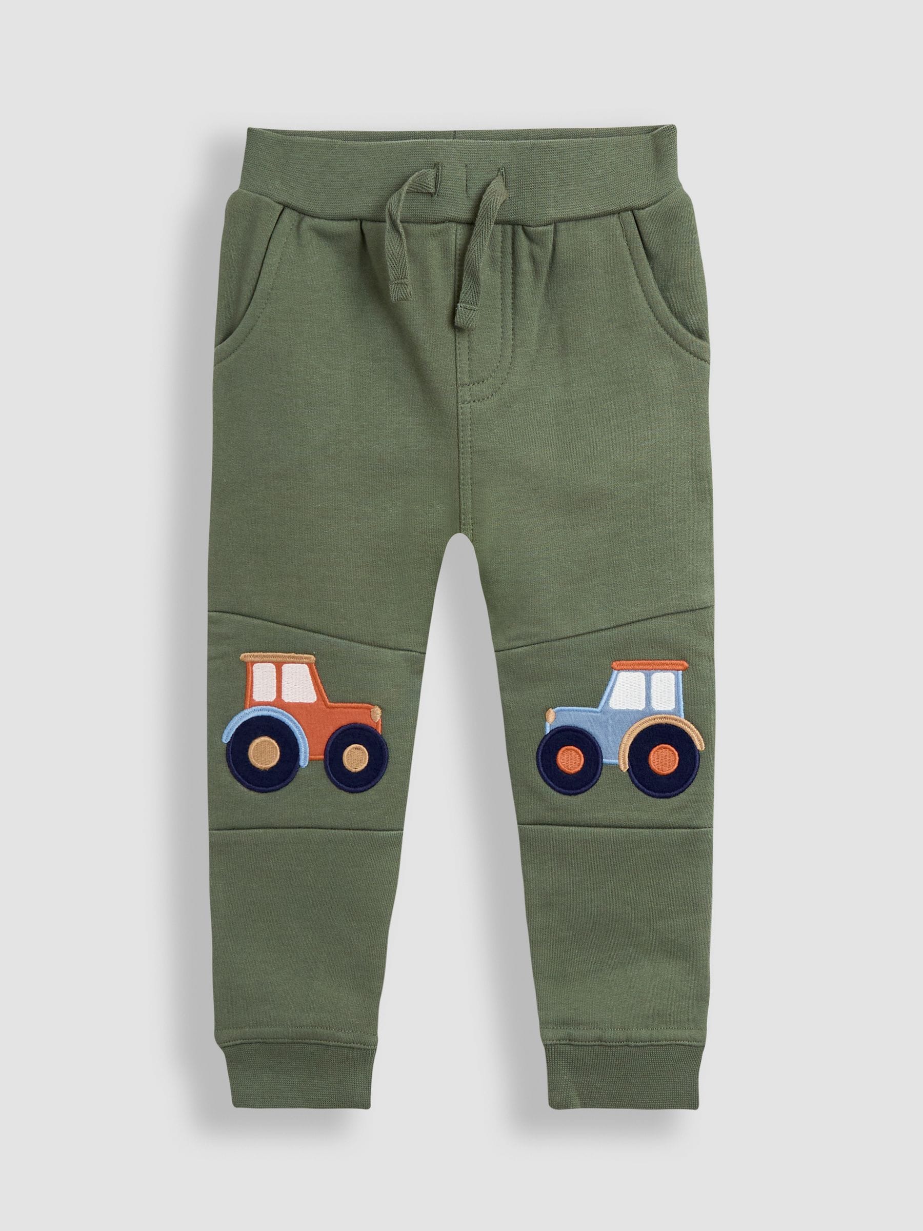 JoJo Maman Bébé Khaki Green Tractor 2-Pack Appliqué Knee & Plain Joggers image 2