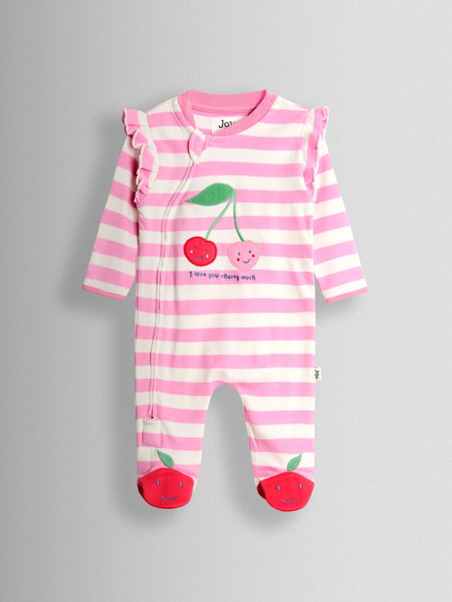 JoJo Maman Bébé Pink Cherry 100% Cotton Footed Frill Sleepsuit image 1