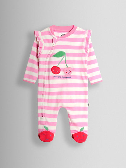 JoJo Maman Bébé Pink Cherry 100% Cotton Footed Frill Sleepsuit image 1