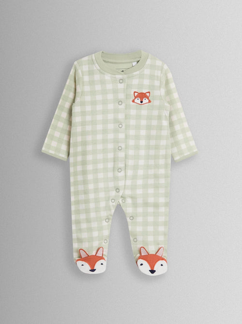 JoJo Maman Bébé Green Fox Character Appliqué Zip Footed Sleepsuit image 1