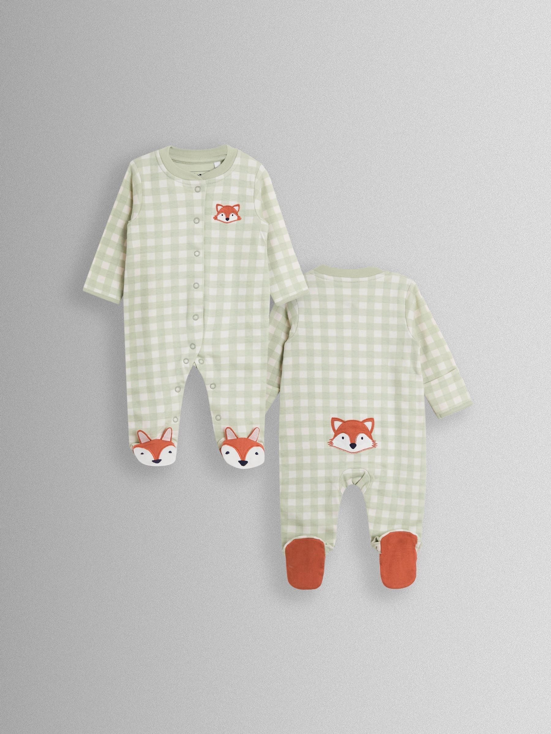 JoJo Maman Bébé Green Fox Character Appliqué Zip Footed Sleepsuit image 2