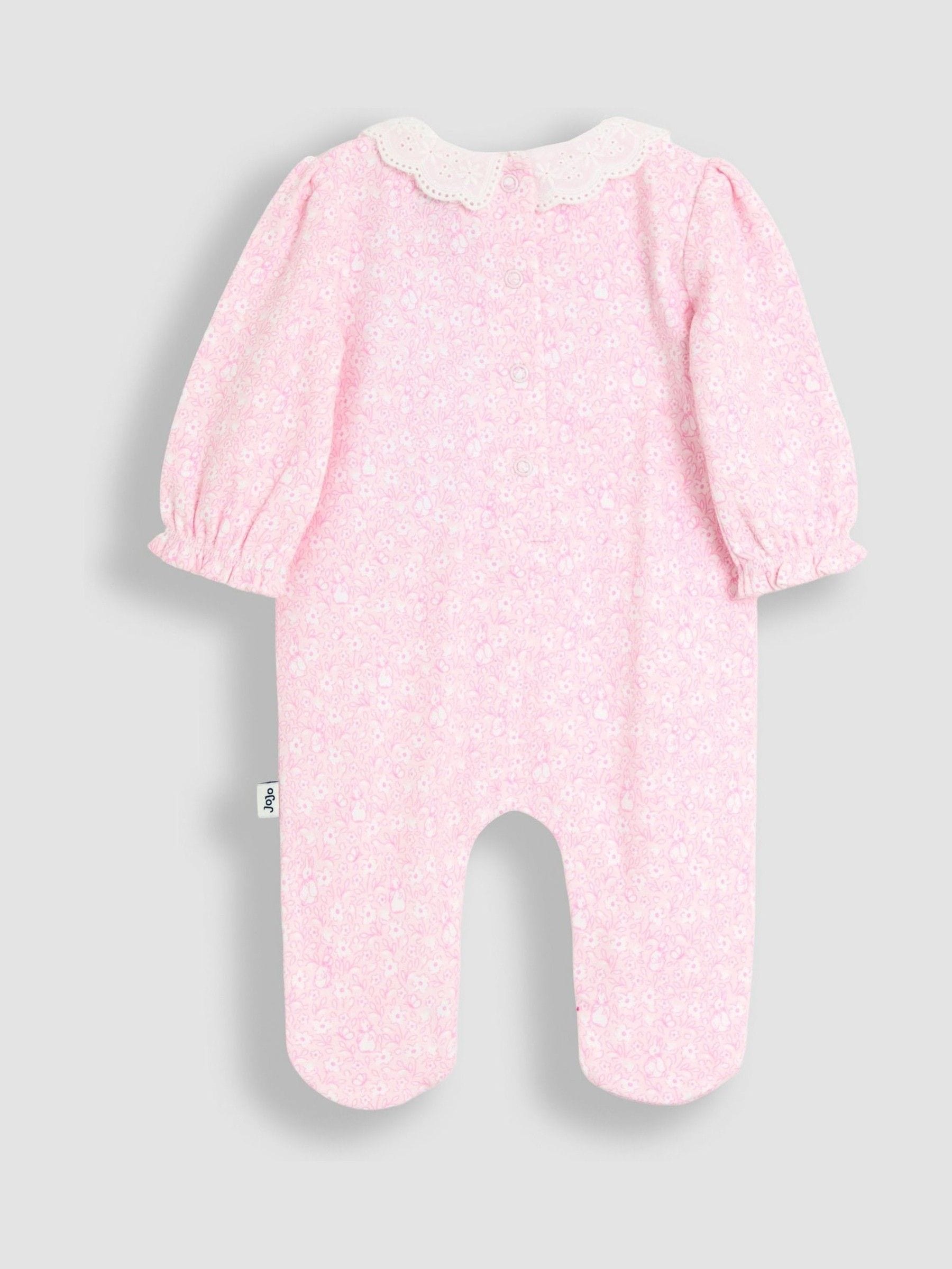 JoJo Maman Bébé Pink Ditsy Floral Flopsy Smocked Collared Sleepsuit image 2