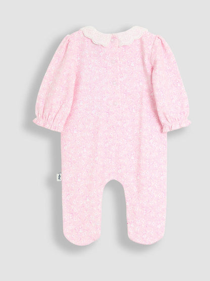 JoJo Maman Bébé Pink Ditsy Floral Flopsy Smocked Collared Sleepsuit image 2