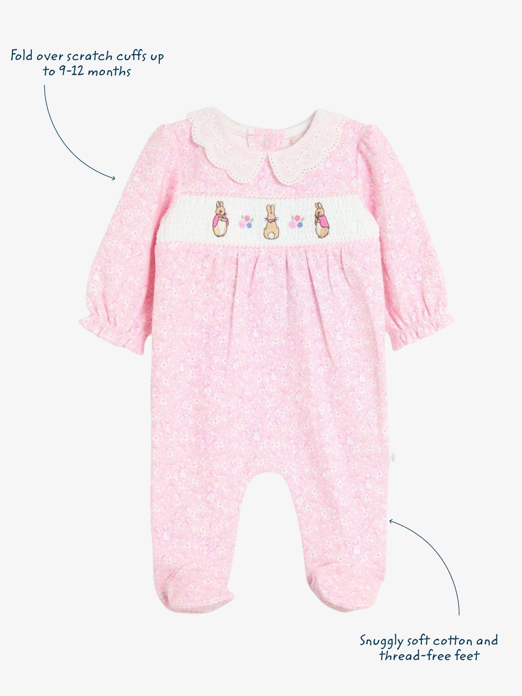 JoJo Maman Bébé Pink Ditsy Floral Flopsy Smocked Collared Sleepsuit image 3