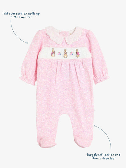 JoJo Maman Bébé Pink Ditsy Floral Flopsy Smocked Collared Sleepsuit image 3